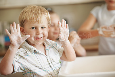 Buy stock photo Health, happy child and handwashing with soap in portrait for dirt removal, independence and pride. Safety, kid and foam in family house for cleaning skin, hygiene practice and learning healthy habit