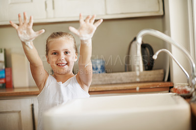 Buy stock photo Hygiene, happy child and washing hands in home portrait for dirt removal, routine and wellness. Safety, soap and kid with smile in house for cleaning skin, germ protection and learning healthy habit