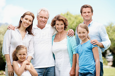 Buy stock photo Family, portrait and smile with children in nature, generations and relax with grandparents on break. Outdoor, senior people and parents with kids on weekend, bonding and happy on holiday at park