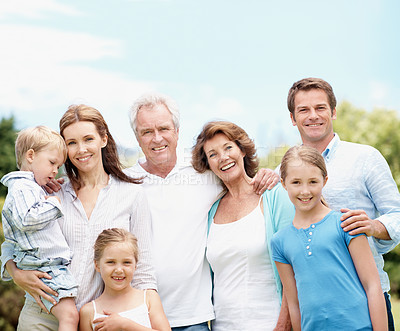 Buy stock photo Grandparents, parents and portrait of children in park for bonding, connection and relax on weekend. Happy, generations and kids with mom, dad and senior people for love, laugh and embrace outdoor