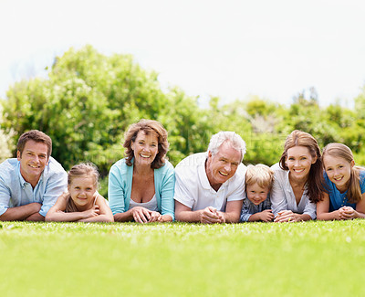 Buy stock photo Family, generations and bonding with children at park, happy and reunion with grandparents on break. Outdoor, senior people and parents with kids on weekend, portrait and relax with smile in nature