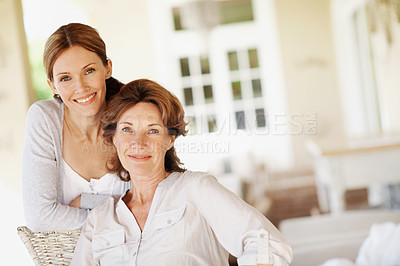 Buy stock photo Relax, portrait and smile with senior mother and woman in home for bonding, support and love. Family visit, connection and happy with people in house for weekend break, care and trust together