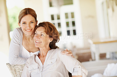 Buy stock photo Relax, love and smile with senior mother and woman in home for bonding, support and portrait. Family visit, connection and happy with people in house for weekend break, care and trust together
