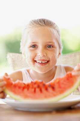 Buy stock photo Summer, watermelon and smile with child outdoor of home for wellness, organic diet and vitamins. Growth, healthy snack and nutrition with kid and fruit in backyard of house for food and hunger