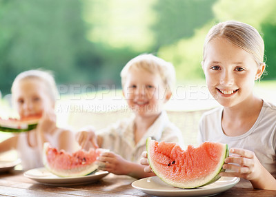Buy stock photo Watermelon, smile and portrait with children outdoor for summer, love and holiday. Fourth of July, happy and fruits with group of kids or siblings in backyard of family home for vacation and snack