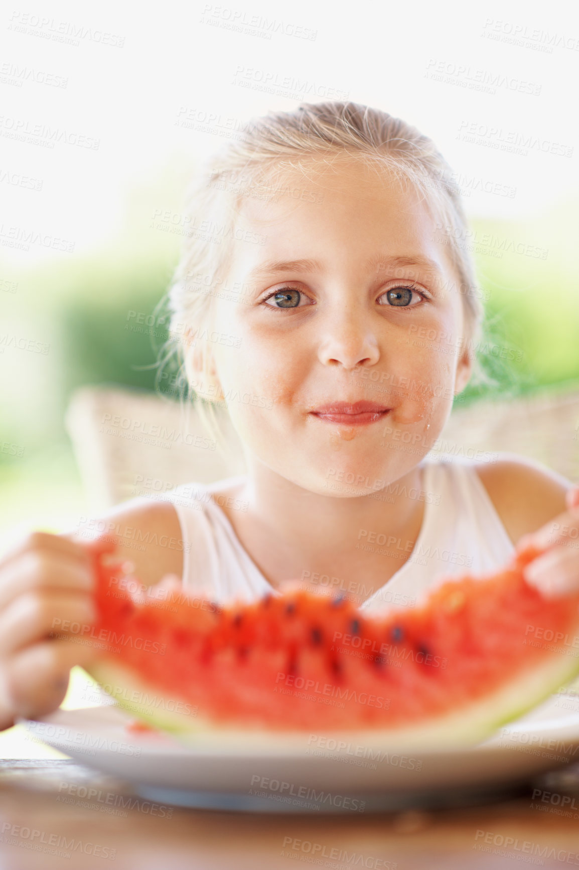 Buy stock photo Portrait, watermelon and summer with child outdoor of home for wellness, organic diet and vitamins. Growth, healthy snack and nutrition with kid and fruit in backyard of house for food and hunger