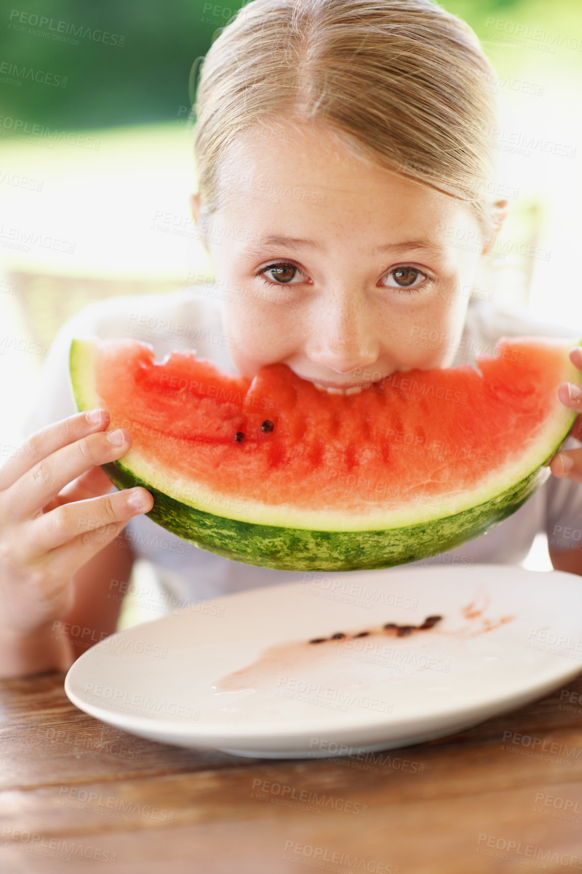 Buy stock photo Watermelon, eating and portrait with children outdoor for summer, calm and holiday. Fourth of July, happiness and relax with girl and fruit in backyard of home for vacation, nutrition and snack