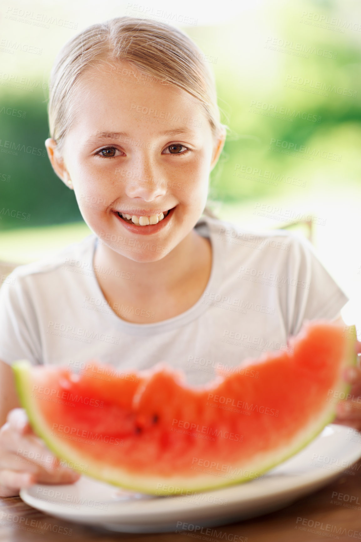 Buy stock photo Watermelon, smile and portrait with children outdoor for summer, calm and holiday. Fourth of July, happiness and relax with girl eating fruit in backyard of home for vacation, nutrition and snack