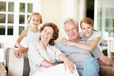 Buy stock photo Grandparents, children and smile portrait in house for love, babysitting weekend and belonging. Happy, senior people and grandkids with care for family security, relationship development and bonding