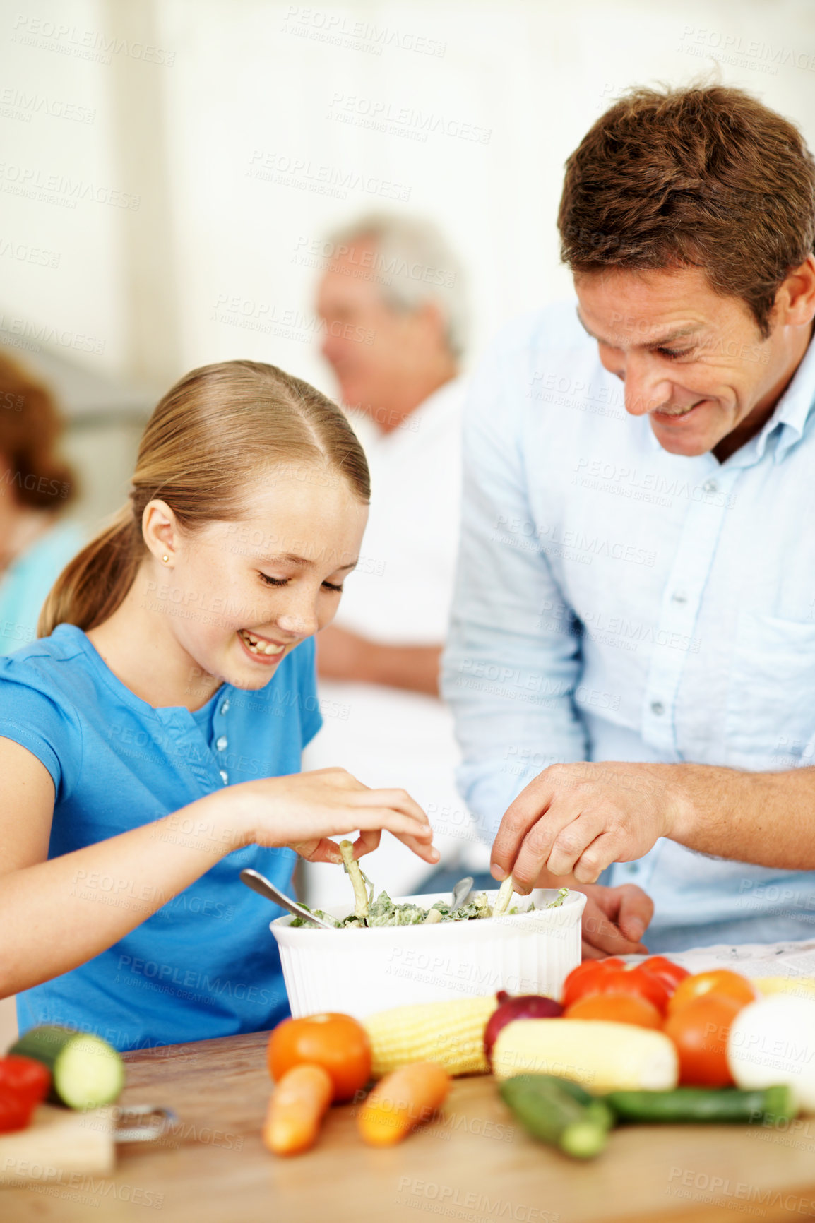 Buy stock photo Father, kid and cooking in kitchen with family gathering, smile or vegetables for healthy nutrition. Happy, man and daughter in home with meal prep, food ingredients or learning for child development