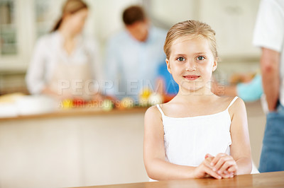 Buy stock photo Portrait, girl and child in house with family gathering, holiday and good mood on weekend break. Space, happy kid relax and relatives in home with reunion event, optimism and positivity for wellness.