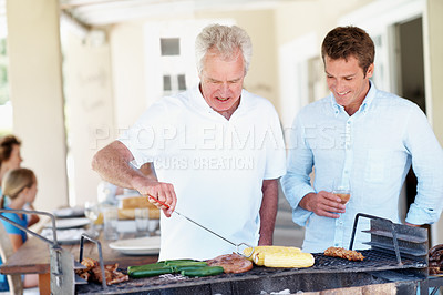 Buy stock photo Barbecue, help and senior father with man in home for cooking, smile and family celebration. Bbq reunion, summer vacation and grill with people in backyard of house for weekend break and support