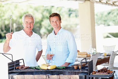 Buy stock photo Grill, portrait and senior father with man in home for cooking, smile and family celebration. Bbq reunion, summer vacation and barbecue with people in backyard of house for weekend break and support