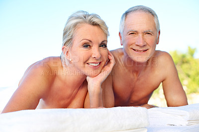 Buy stock photo Portrait, massage and elderly couple in outdoor spa for holiday, smile and marriage anniversary for wellness. Love, luxury resort and happy woman with senior man for stress relief, vacation and relax