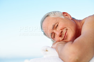 Buy stock photo Sleep, calm and senior man at spa for holiday, getaway or weekend trip for relax at resort. Space, therapy and elderly person in retirement with afternoon nap for health, wellness or zen on vacation.
