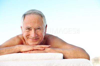 Buy stock photo Happy, spa and portrait of senior man for holiday, getaway or weekend trip for calm at resort. Smile, relax and elderly person in retirement with health, wellness or zen treatment on vacation.