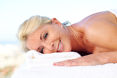 Buy stock photo Smile, relax and portrait of woman at spa resort for treatment on holiday, getaway or weekend trip. Happy, calm and mature person with self care for zen, health and wellness on peaceful vacation.