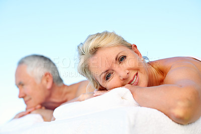 Buy stock photo Vacation, massage and old woman in spa for portrait, smile and marriage anniversary for wellness. Love, luxury resort and elderly couple with senior people outdoor for stress relief, holiday or relax