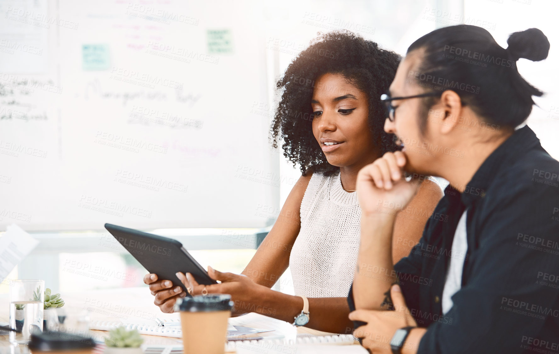 Buy stock photo Team, discussion and review in office with tablet, copywriting project or research for online trends. Copywriter, people and conversation in business with tech, creative idea and marketing strategy.