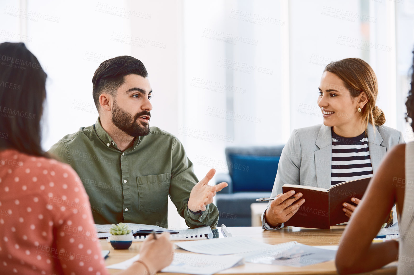 Buy stock photo Business, smile and team in agency with meeting, campaign briefing and discussion on creative pitch. Happy, people and brand advisor with planning, ads feedback or collaboration on marketing proposal