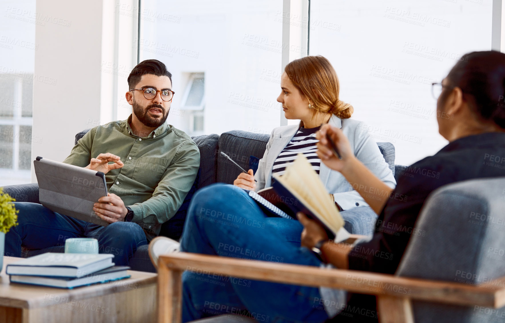 Buy stock photo Meeting, man and business people with tablet in office for event planner, proposal or notebook. Schedule, project management or startup with feedback in creative agency for venue budget or agenda