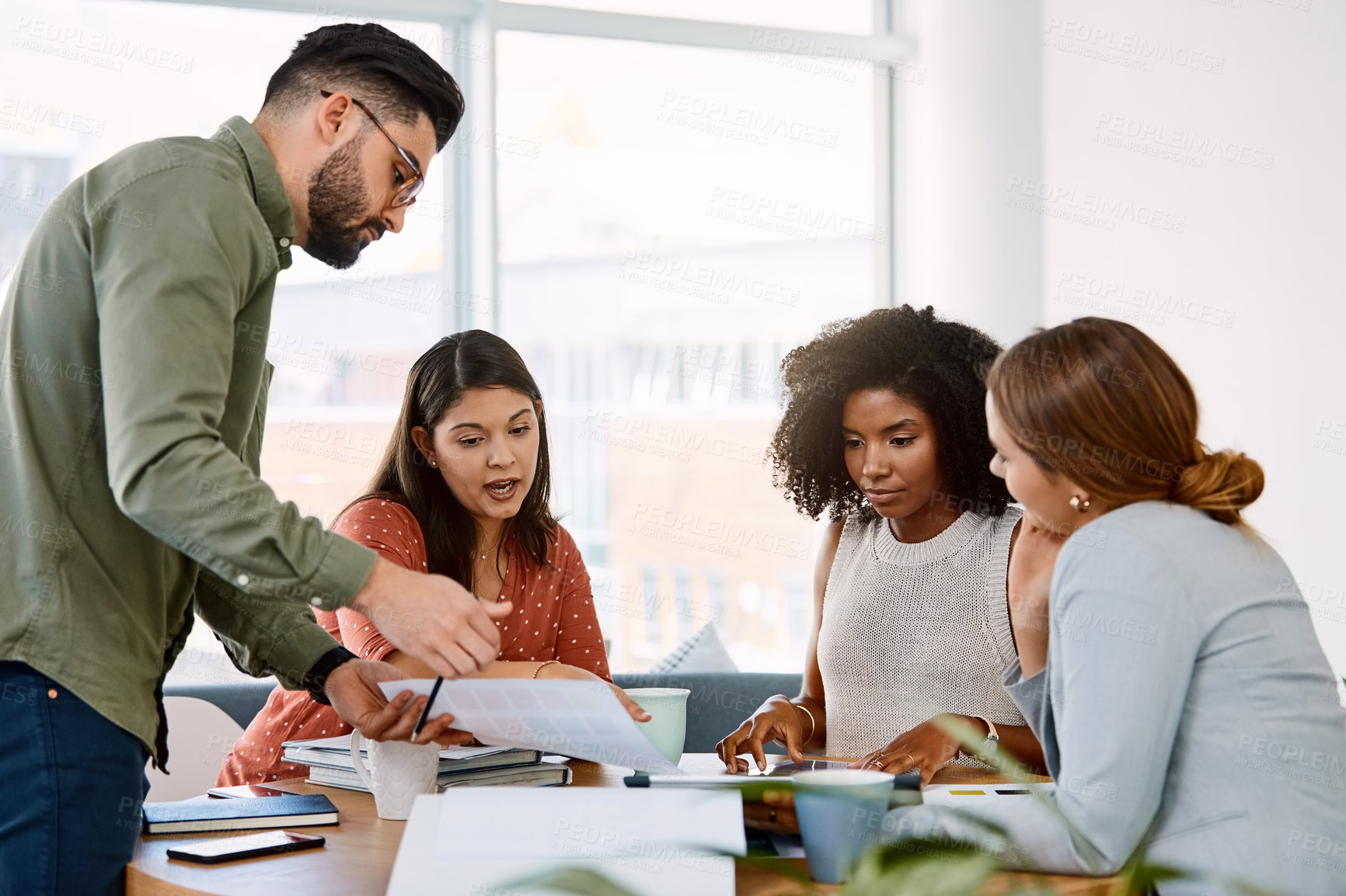 Buy stock photo People, paperwork and teamwork in agency for graphic design, brand awareness or color palette choice. Document, meeting and creative collaboration in startup with campaign swatch for marketing layout