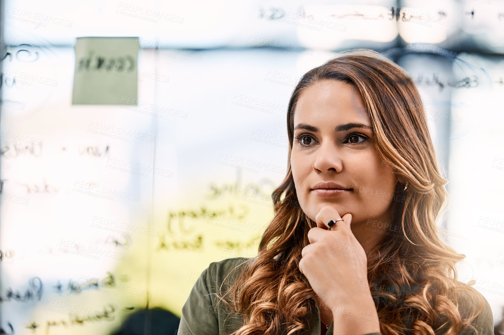 Buy stock photo Glass, office and woman with idea, thinking and brainstorming for story, article and newsletter. Magazine agency, creative and person with sticky notes, agenda and planning for copywriting project