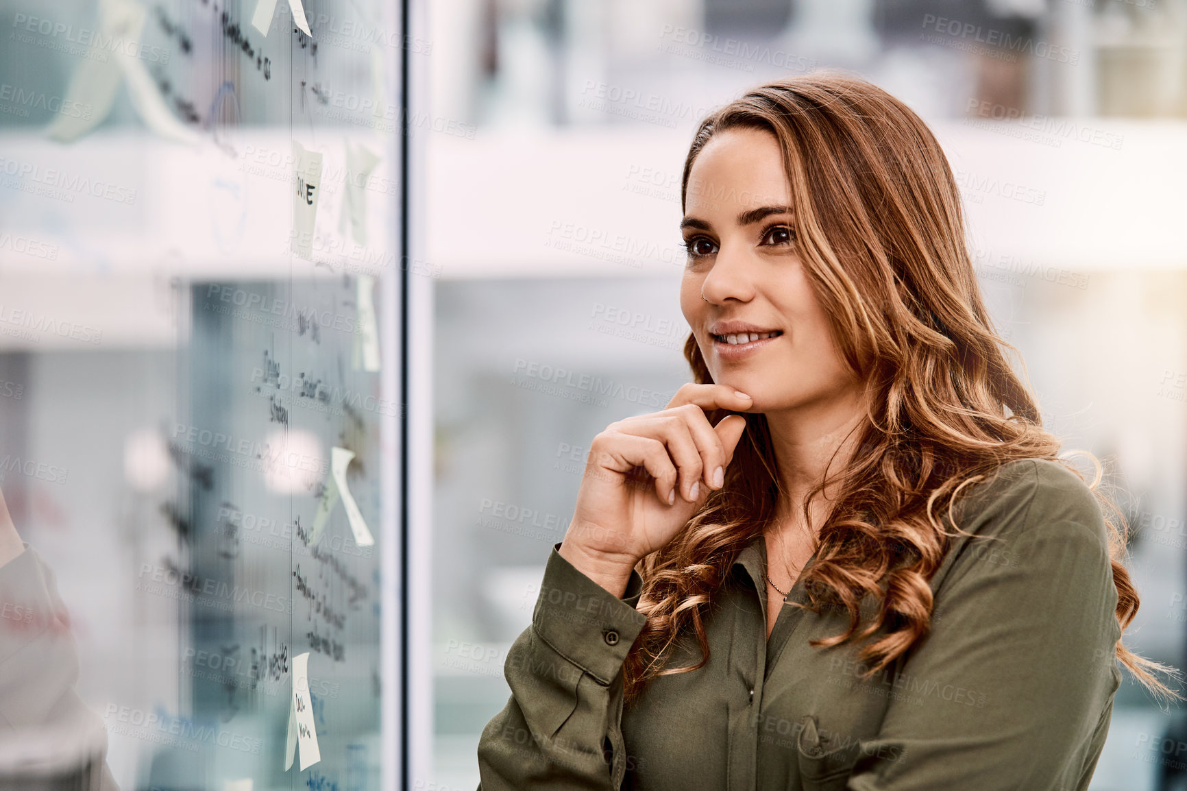 Buy stock photo Glass wall, smile and woman in office with thinking, ideas or mind map for project planning. Board, business information and magazine editor for creative article, publishing and startup agency
