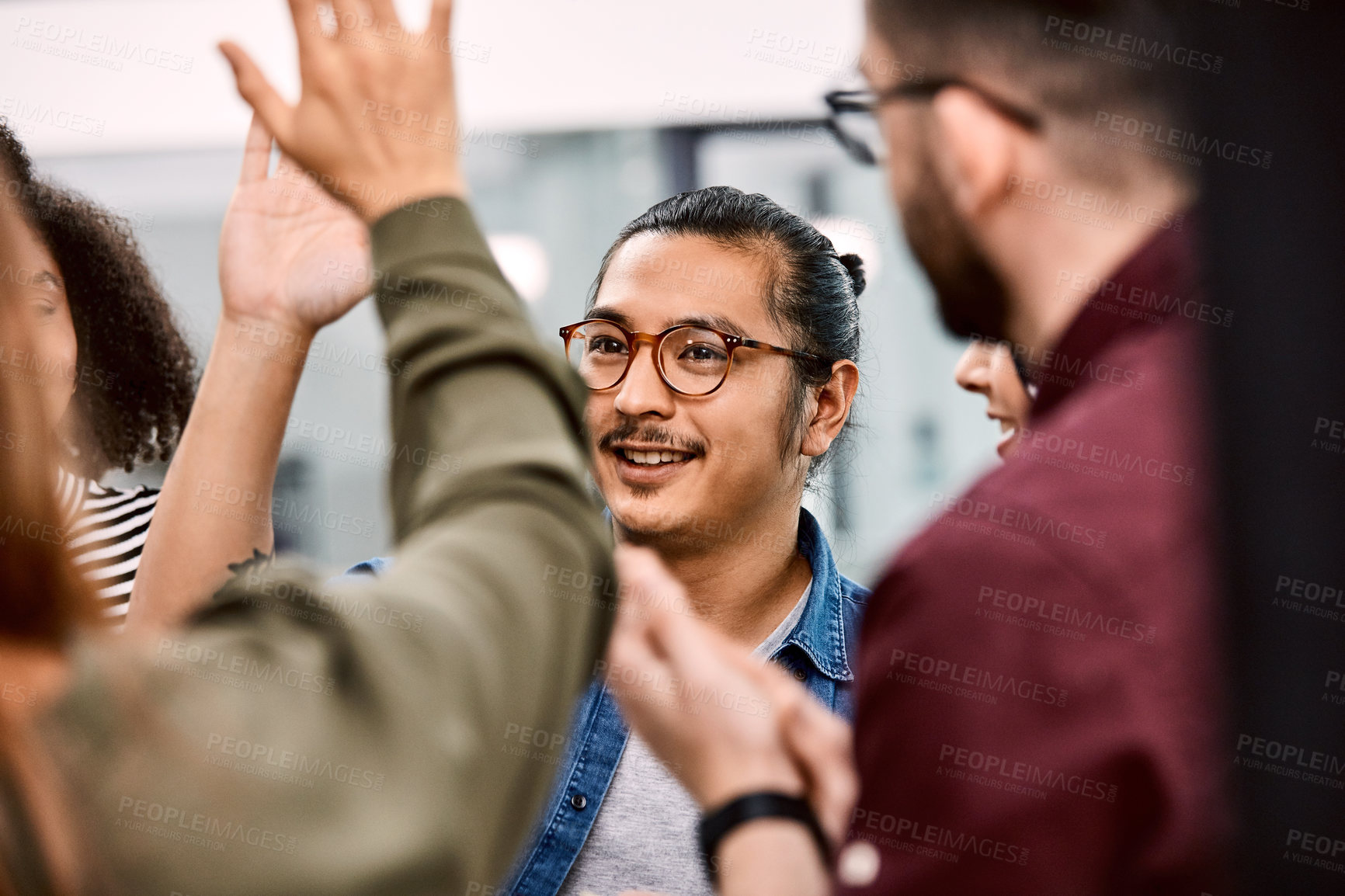 Buy stock photo Group, business people and high five in office for success, project funding and smile with celebration. Team, achievement and gesture for creative collaboration, financial target and applause