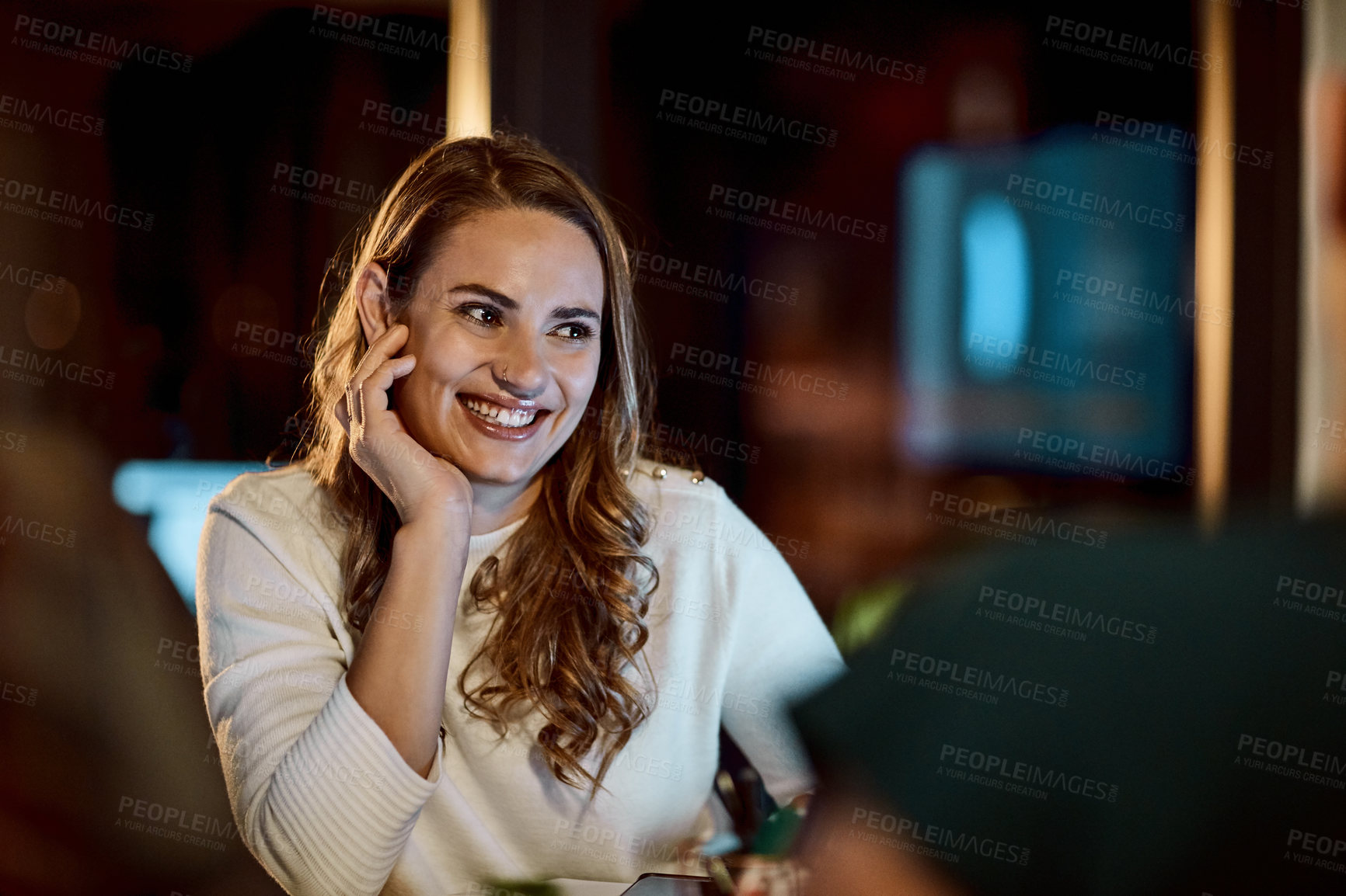 Buy stock photo Night, meeting and woman with team in office for listening, feedback and project management. Startup, happy and business person in discussion for planning, deadline and task agenda for working late