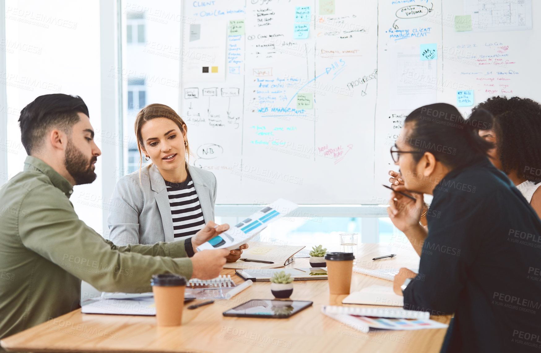 Buy stock photo Collaboration, meeting and ux design team in boardroom of creative workplace for client management. Conversation, documents and whiteboard with people in office together to improve ui of website