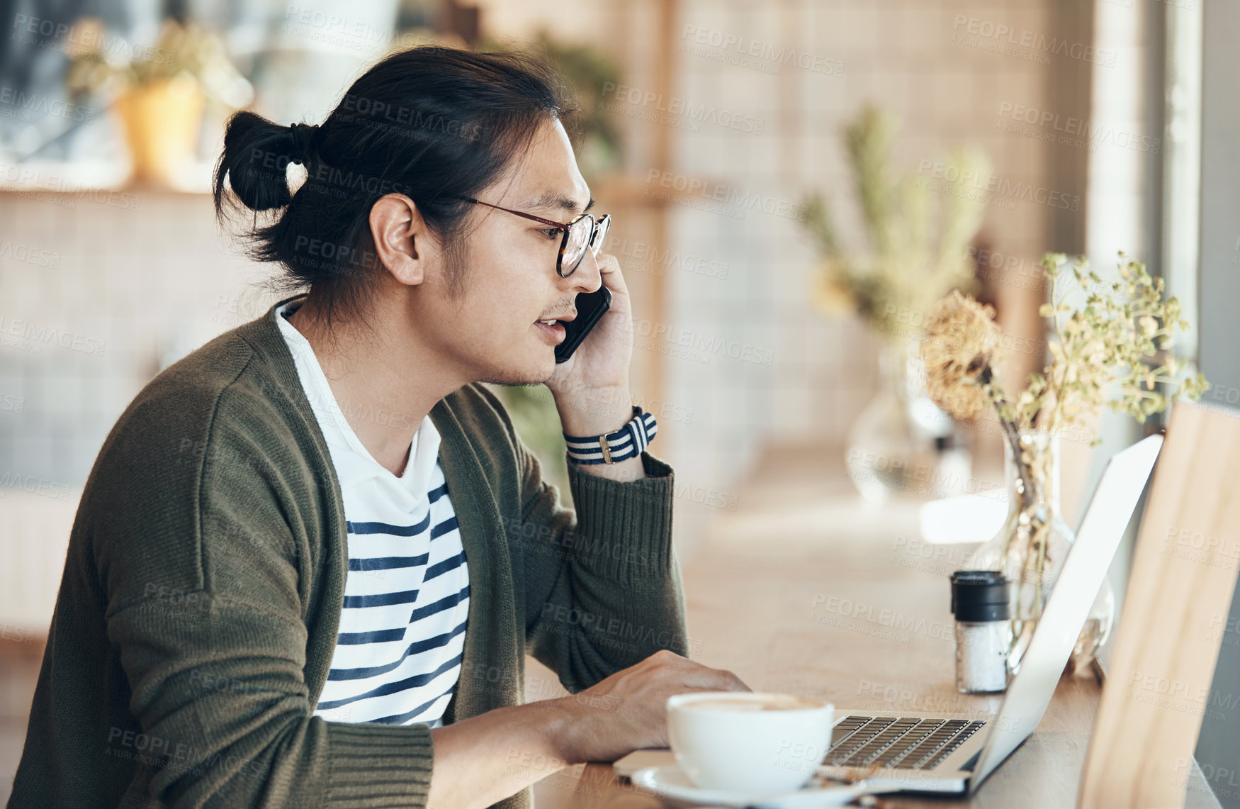 Buy stock photo Remote work, laptop and phone call with asian man in cafe for source research, blog writer and review. Online media publication, freelancer and communication with person in coffee shop for story
