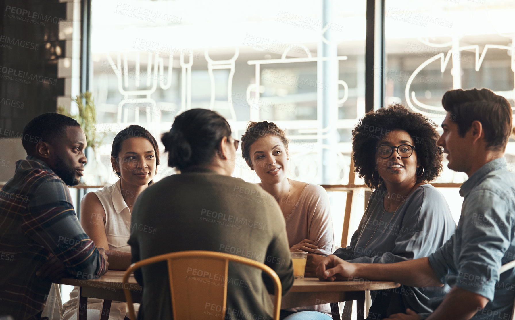 Buy stock photo Bonding, chat and friends in cafe with reunion, get together and connection with weekend break. Discussion, gossip and people in bistro with day off, social gathering and group hangout in restaurant.