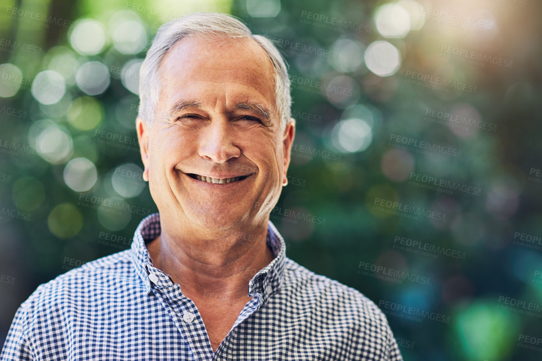 Buy stock photo Nature, smile and portrait of old man in backyard for fresh air, wellness and relax outdoor. Retirement, morning and happy senior person with positivity, space and bokeh for break with pensioner
