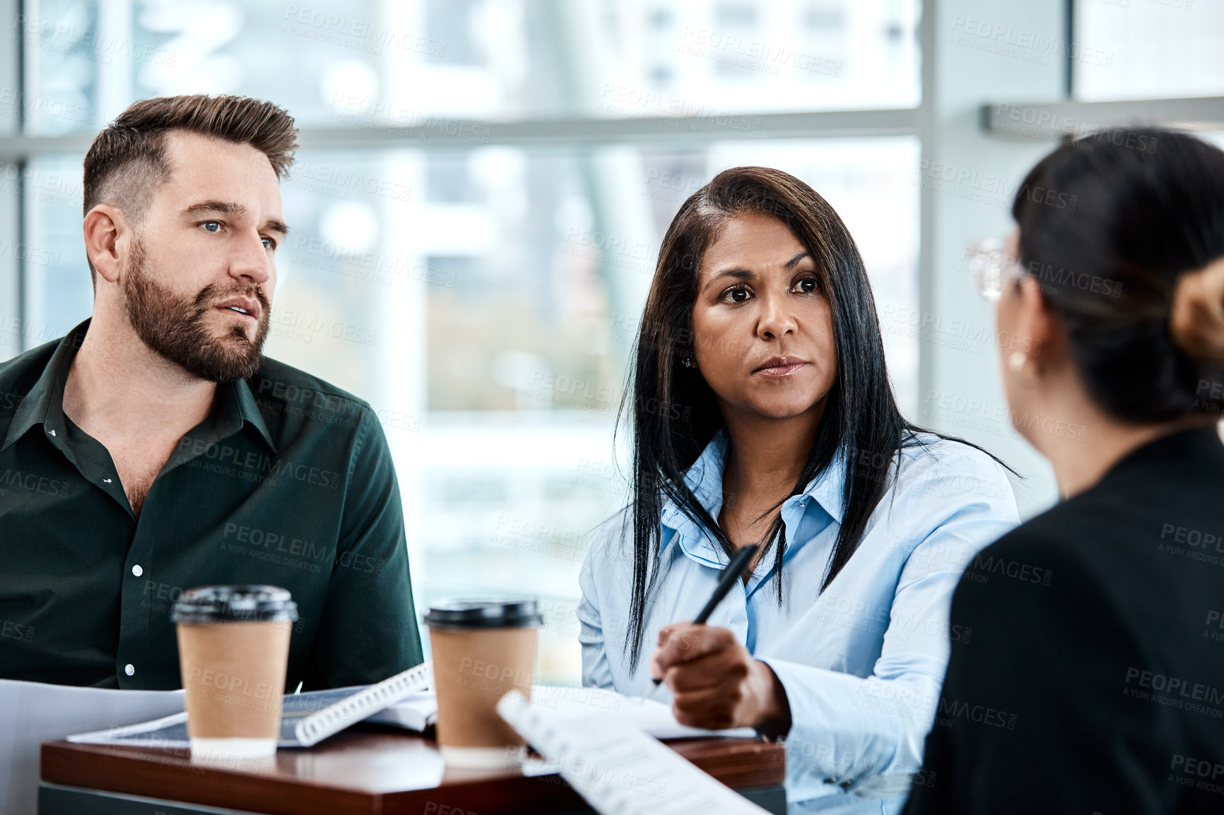 Buy stock photo Meeting, team and chat with business people in office for risk assessment, discussion and review. Insurance claim, policy condition and collaboration with employees in agency for underwriter pitch