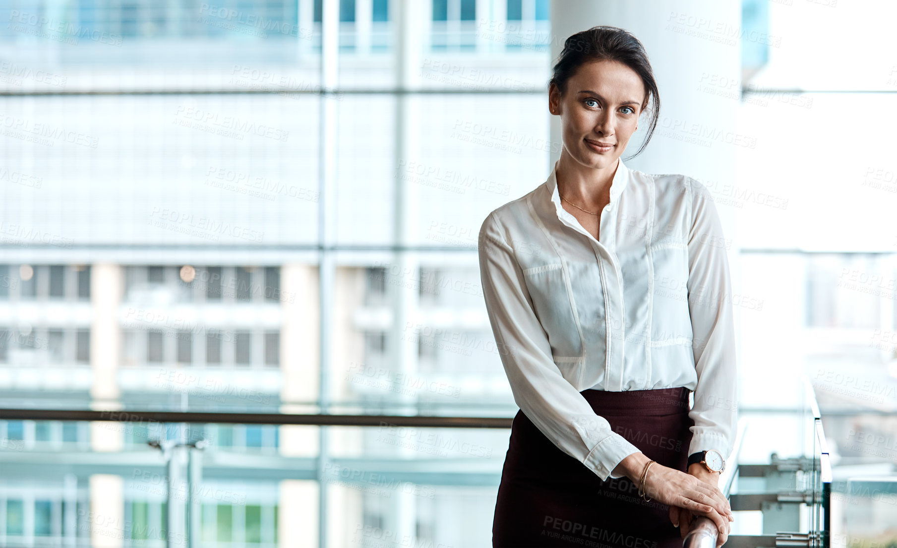 Buy stock photo Cropped portrait of an attractive businesswoman standing in her office