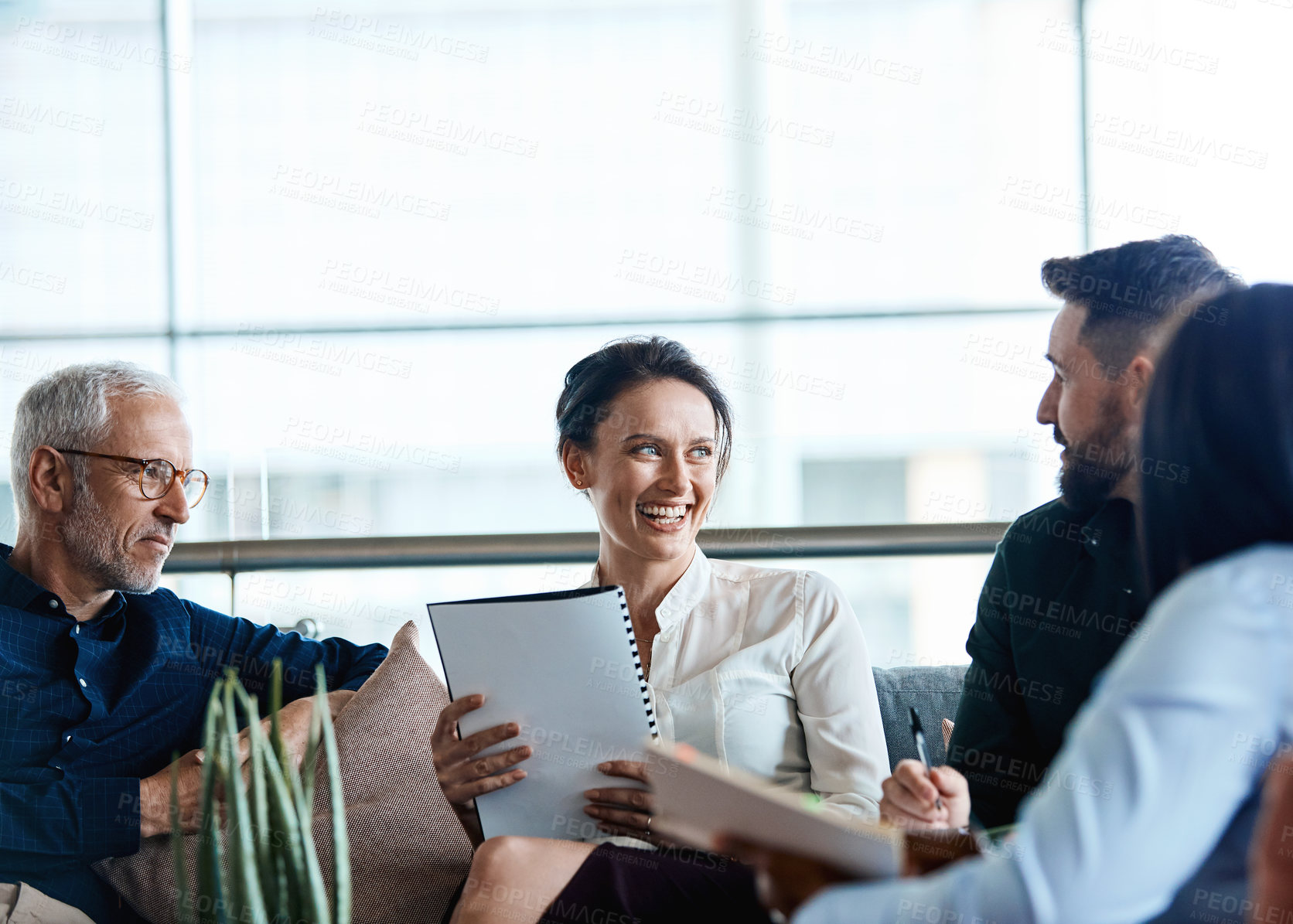 Buy stock photo Happy, business people or documents in lobby for meeting, finance pitch or interest in market size. Company funding, investor team and smile for proposal, investment negotiation and growth potential