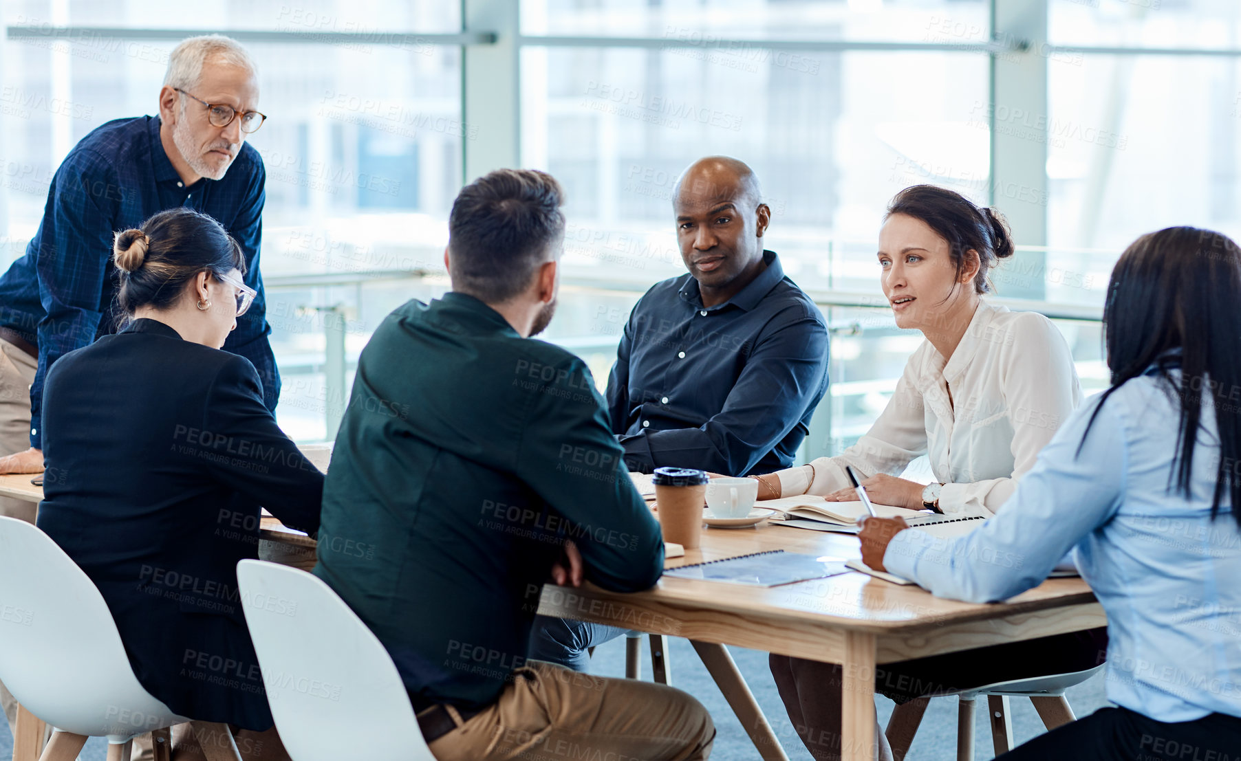 Buy stock photo Business people, talking and team with ideas in meeting, financial growth or discussion for project. Investment banking, collaboration and colleagues with strategy, brainstorming and happy in office