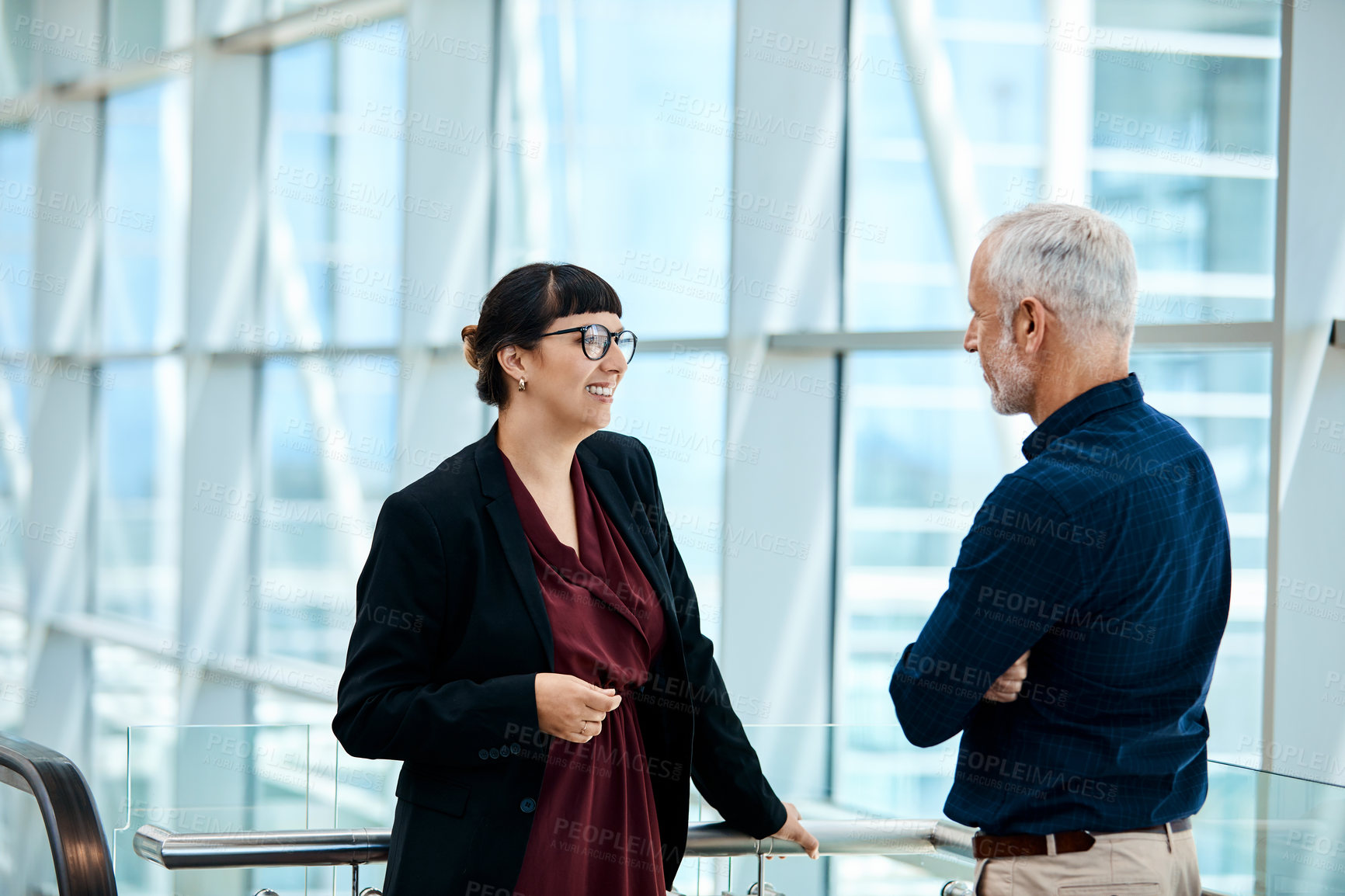 Buy stock photo Talking, office and business people in lobby for meeting, discussion or update for finance proposal. Corporate, manager and woman for feedback, financial review and planning for investment strategy