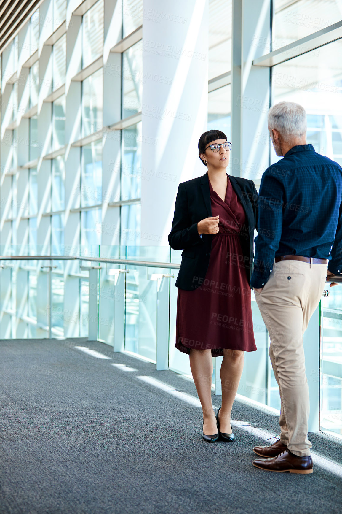 Buy stock photo Corporate, manager and business people in lobby for meeting, talking or update for finance proposal. Office, discussion and workers for feedback, financial review and planning for investment strategy