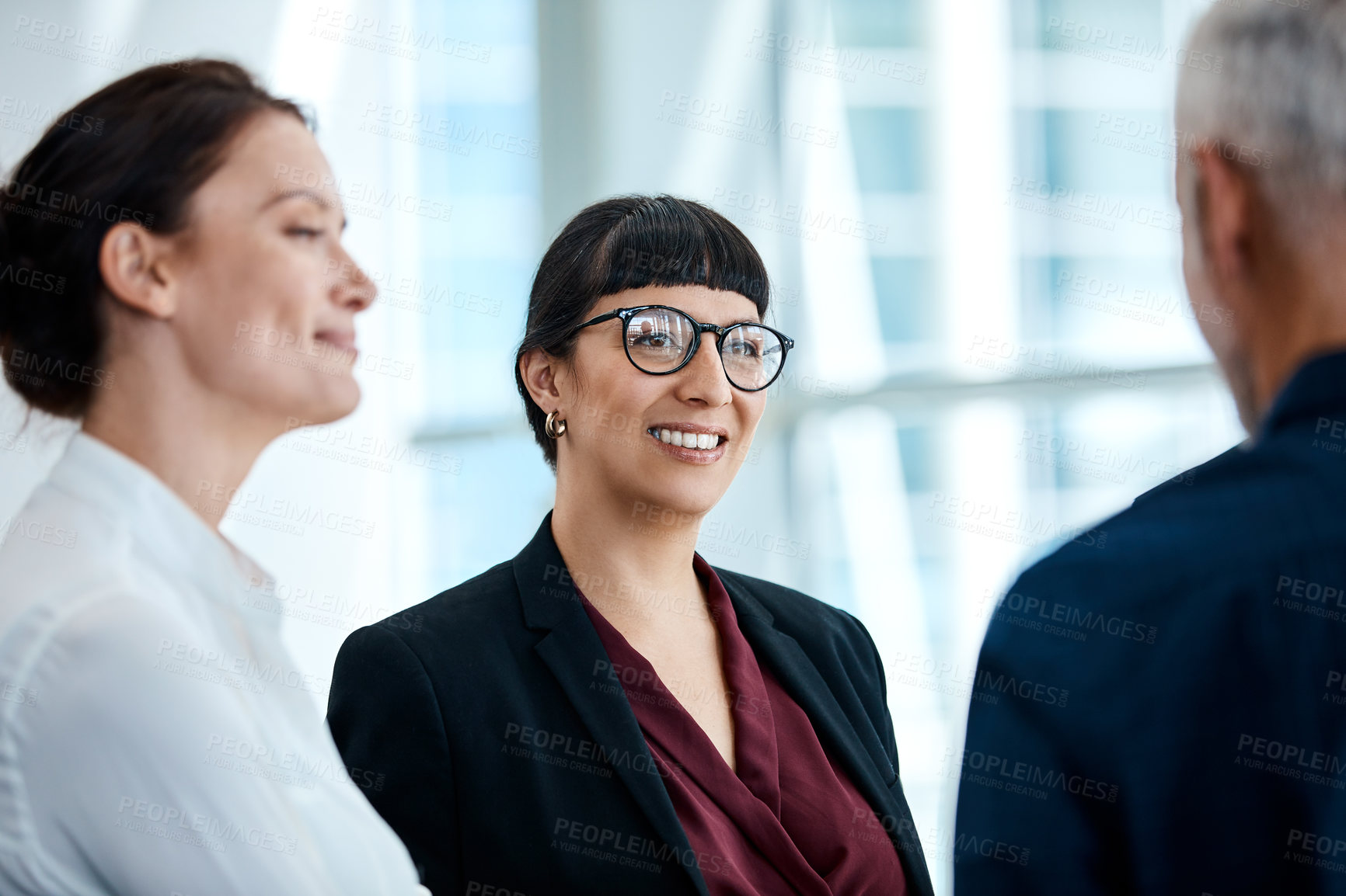 Buy stock photo Business people, listen and team with smile in workshop, financial growth and planning for project. Investment banking, collaboration and colleagues with ideas, happy and brainstorming in office
