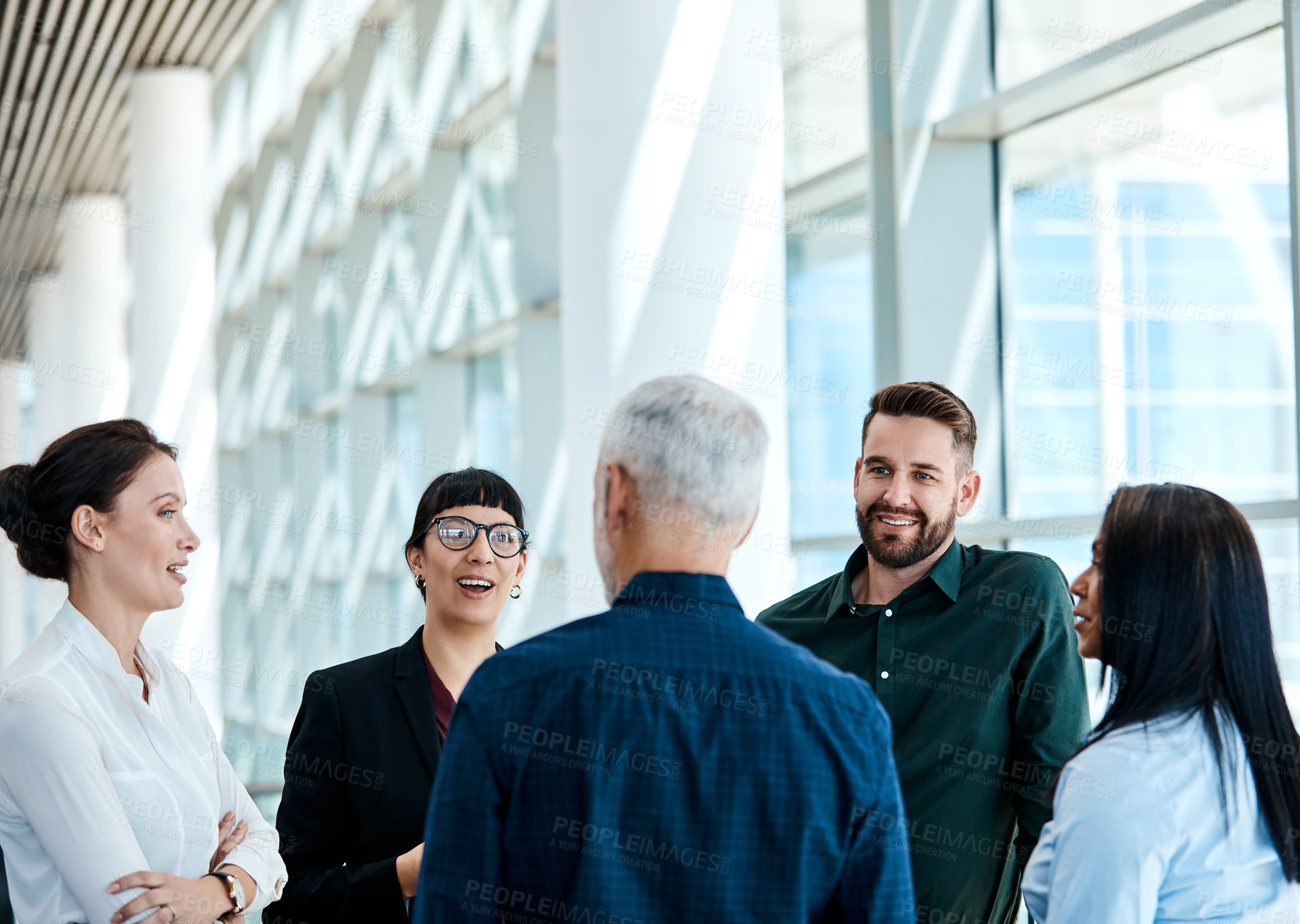 Buy stock photo Business, discussion and team with smile in workshop, financial development or planning for project. Investment banking, collaboration and happy people with ideas, talk and brainstorming in office