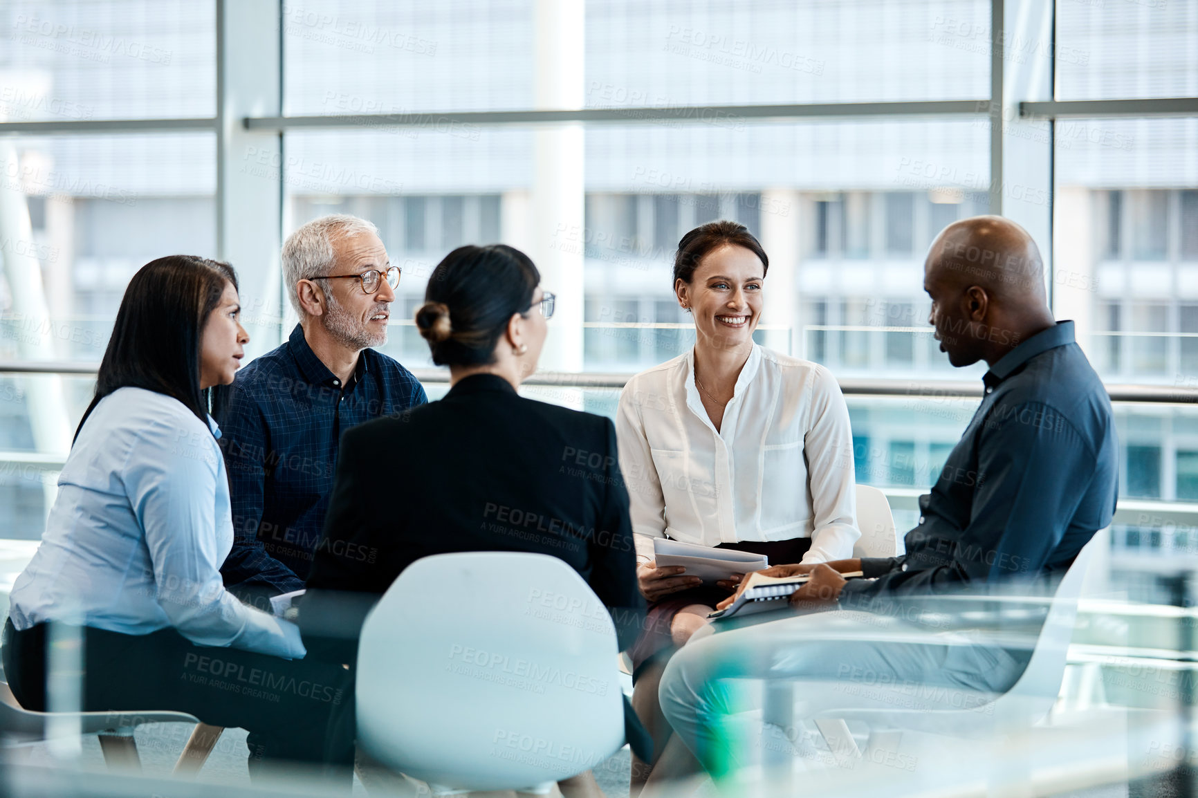 Buy stock photo Happy, corporate and business people in office for meeting, planning and financial review with team. Discussion, boardroom and workers for investment proposal, budget report and wealth management
