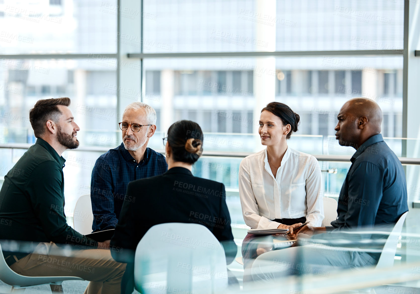 Buy stock photo Finance, corporate and business people in office for meeting, planning or financial review with team. Discussion, boardroom and workers for investment proposal, budget report and wealth management