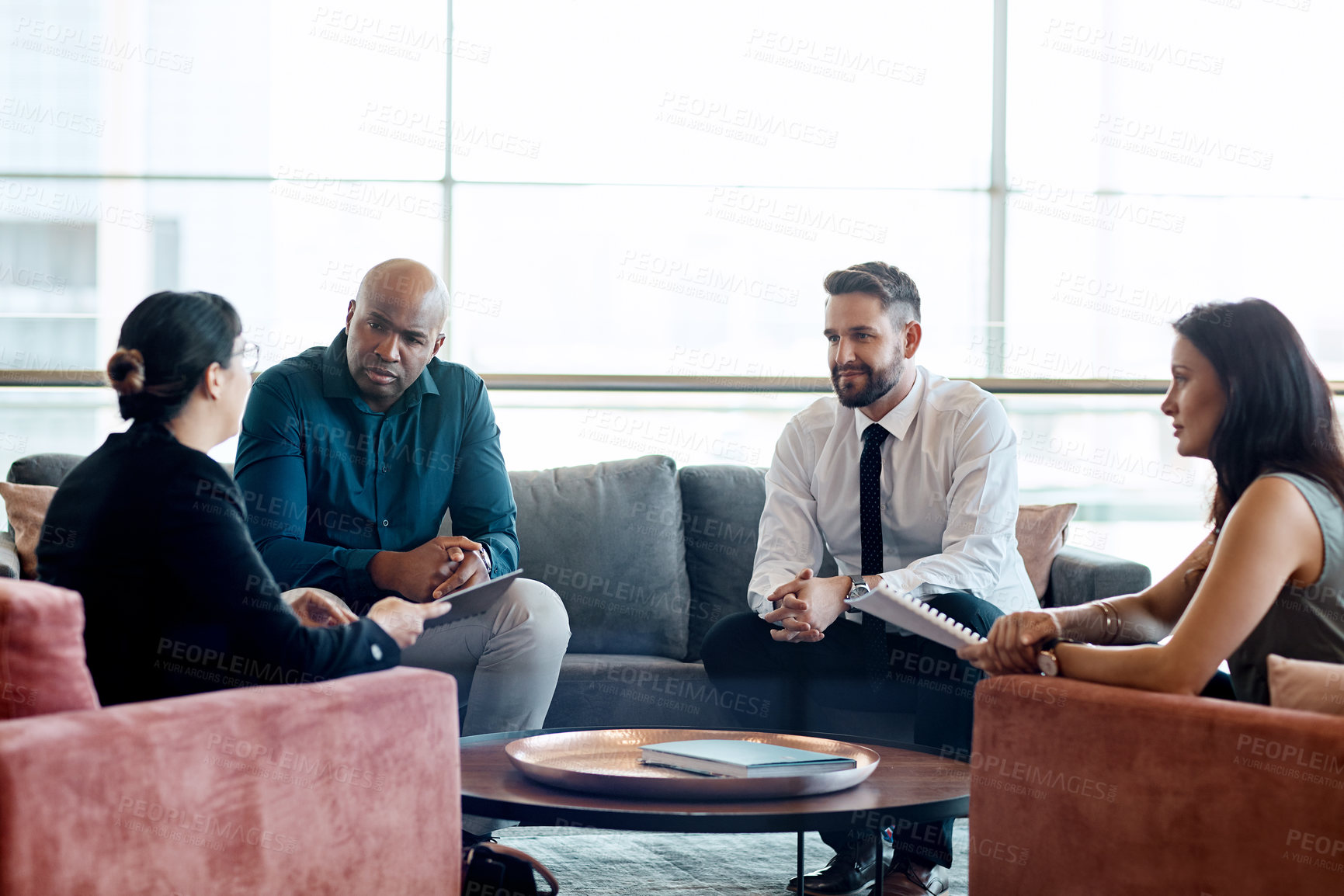 Buy stock photo Lobby, conversation and business people with document for teamwork, project collaboration and review. Discussion, office and manager with employee and paperwork for b2b deal, proposal and feedback