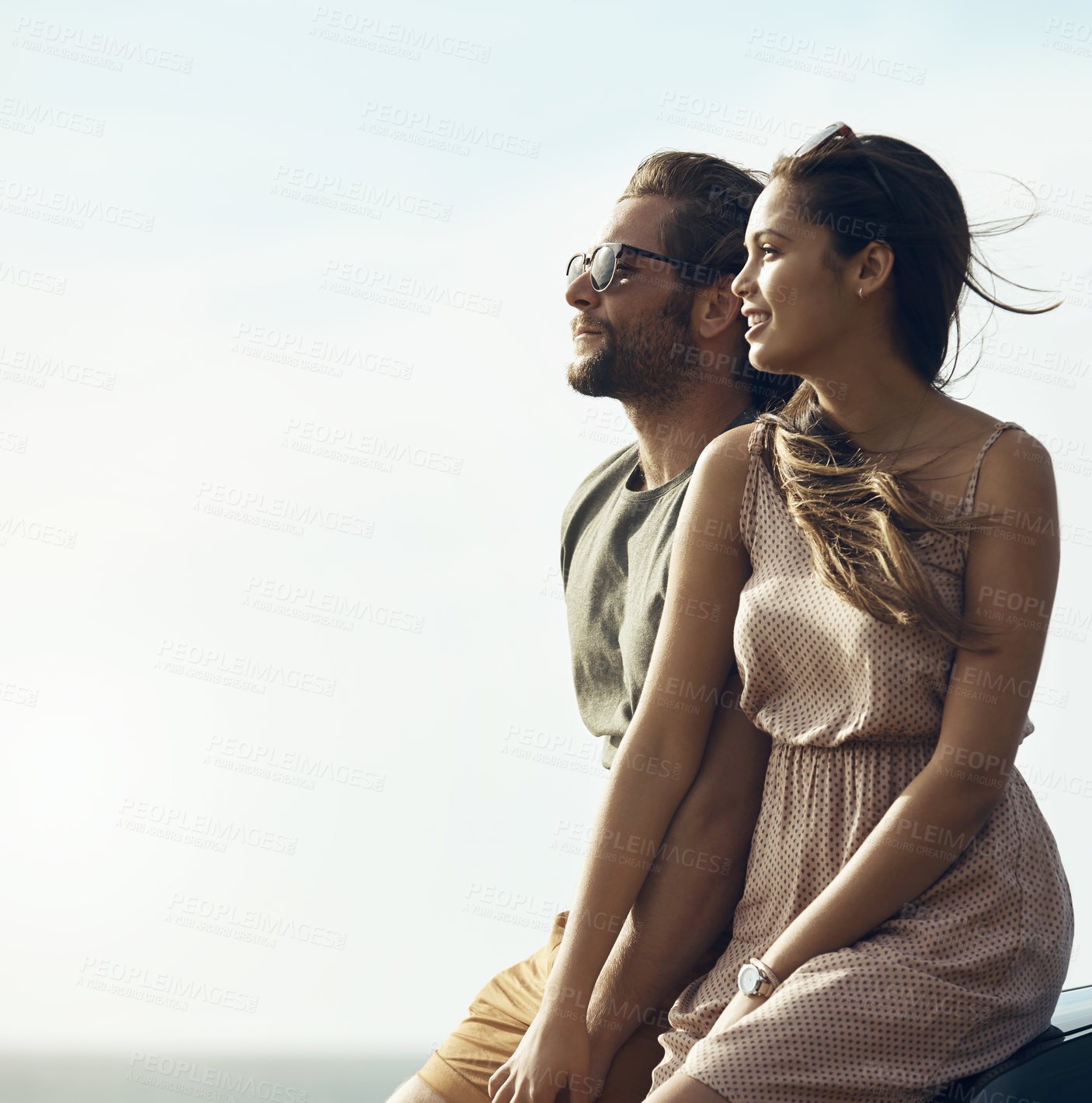 Buy stock photo Love, thinking or couple outdoor with nostalgia, healthy relationship or good memory on summer trip. Happy, space man or woman with reflection, romantic history or daydreaming together on getaway.