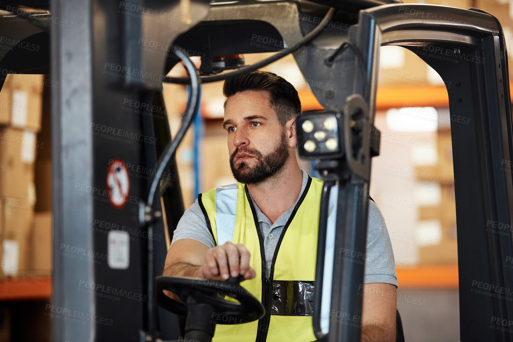 Buy stock photo Logistics, man and drive forklift in warehouse for cargo transportation, supply chain and inventory. Operator, shipping and person with machine for distribution, moving stock or dispatch process
