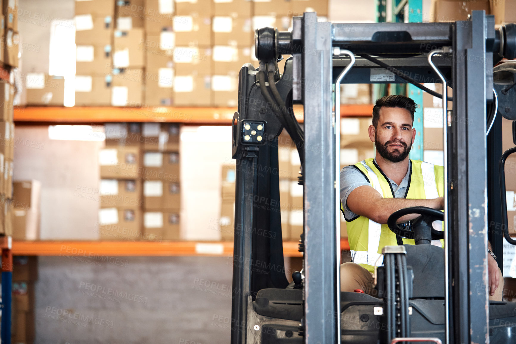 Buy stock photo Shipping, man and forklift in warehouse for freight transport, distribution and inventory transfer. Operator, logistics and male person with machine for load stock, think and drive for supply chain