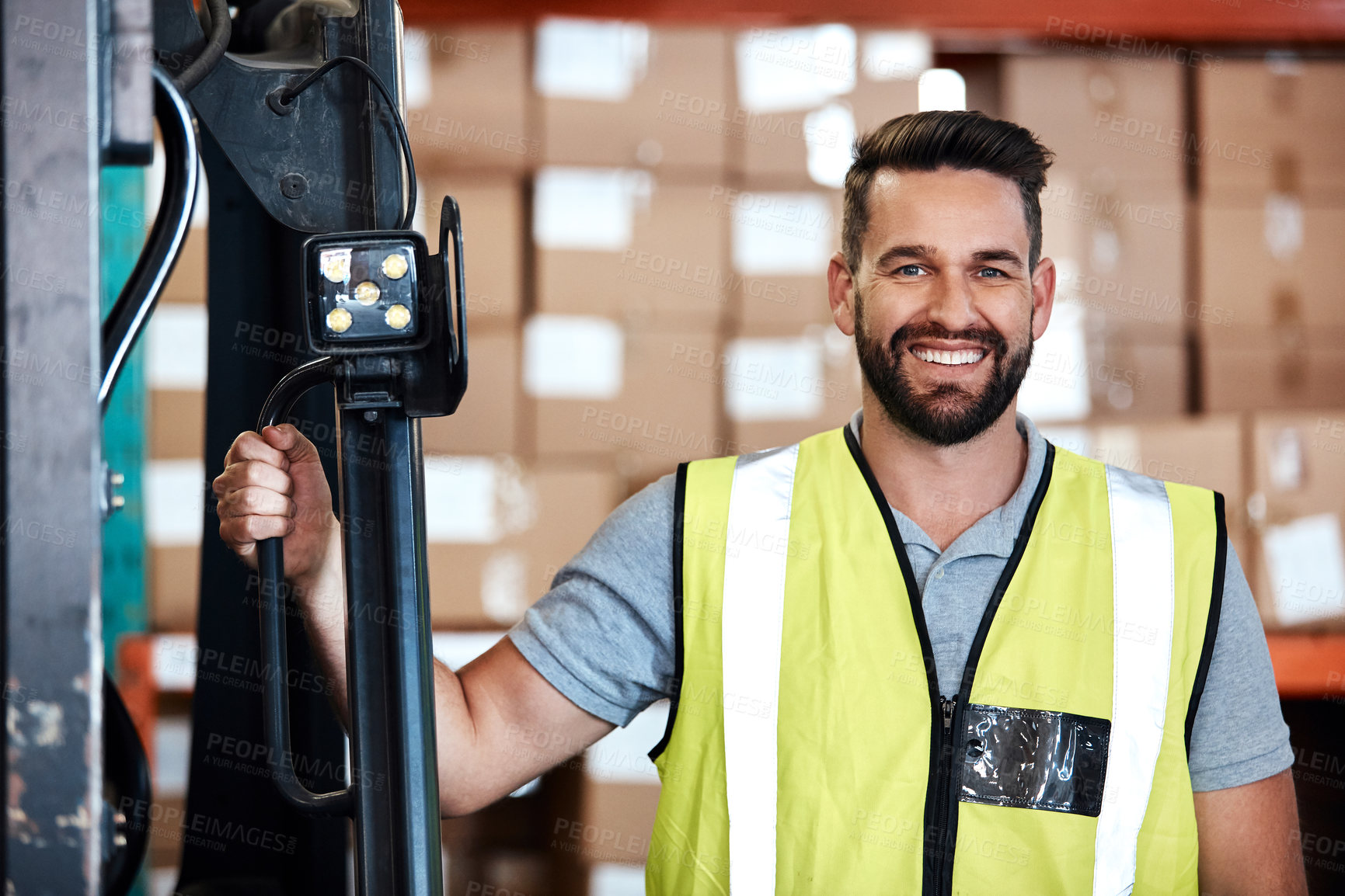 Buy stock photo Shipping, happy man and portrait with forklift in warehouse, freight transport and distribution. Operator, logistics and male person with machine, industrial supply chain and driver with smile