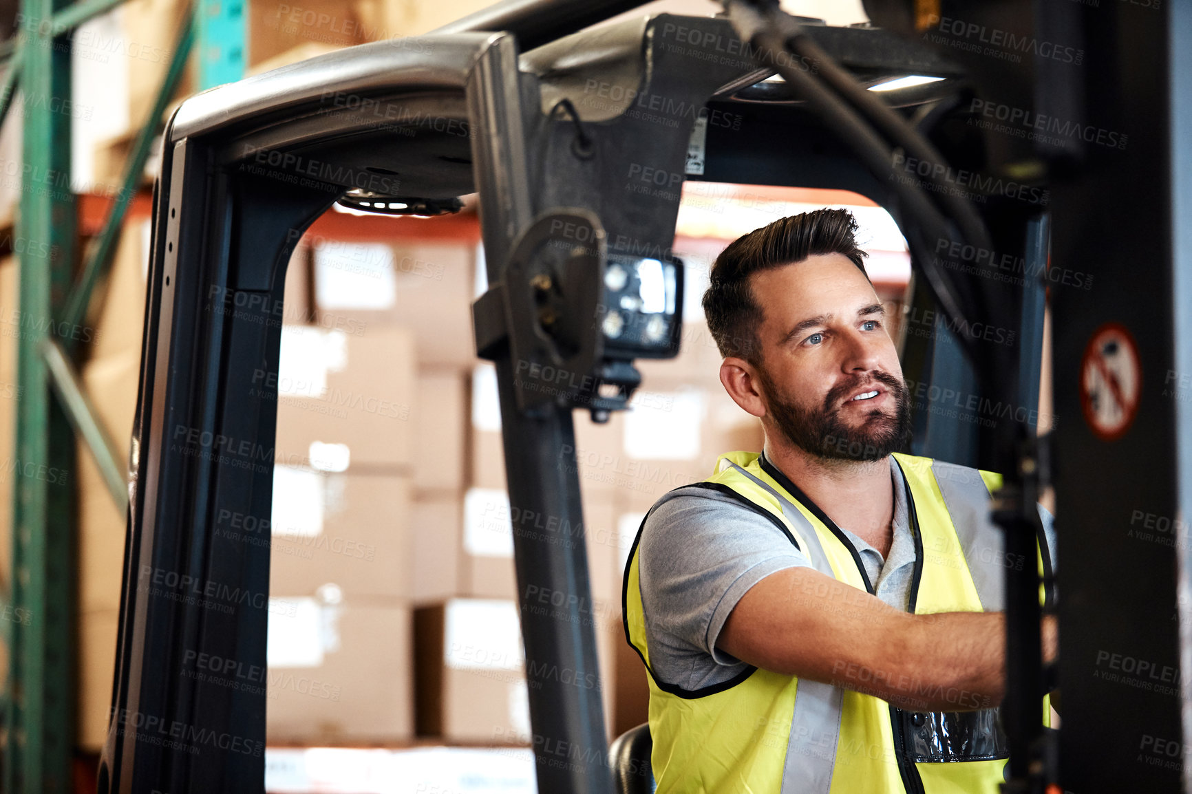 Buy stock photo Shipping, man and forklift in warehouse for cargo transport, distribution and inventory transfer. Operator, logistics and male person with machine for freight, stock and drive for supply chain